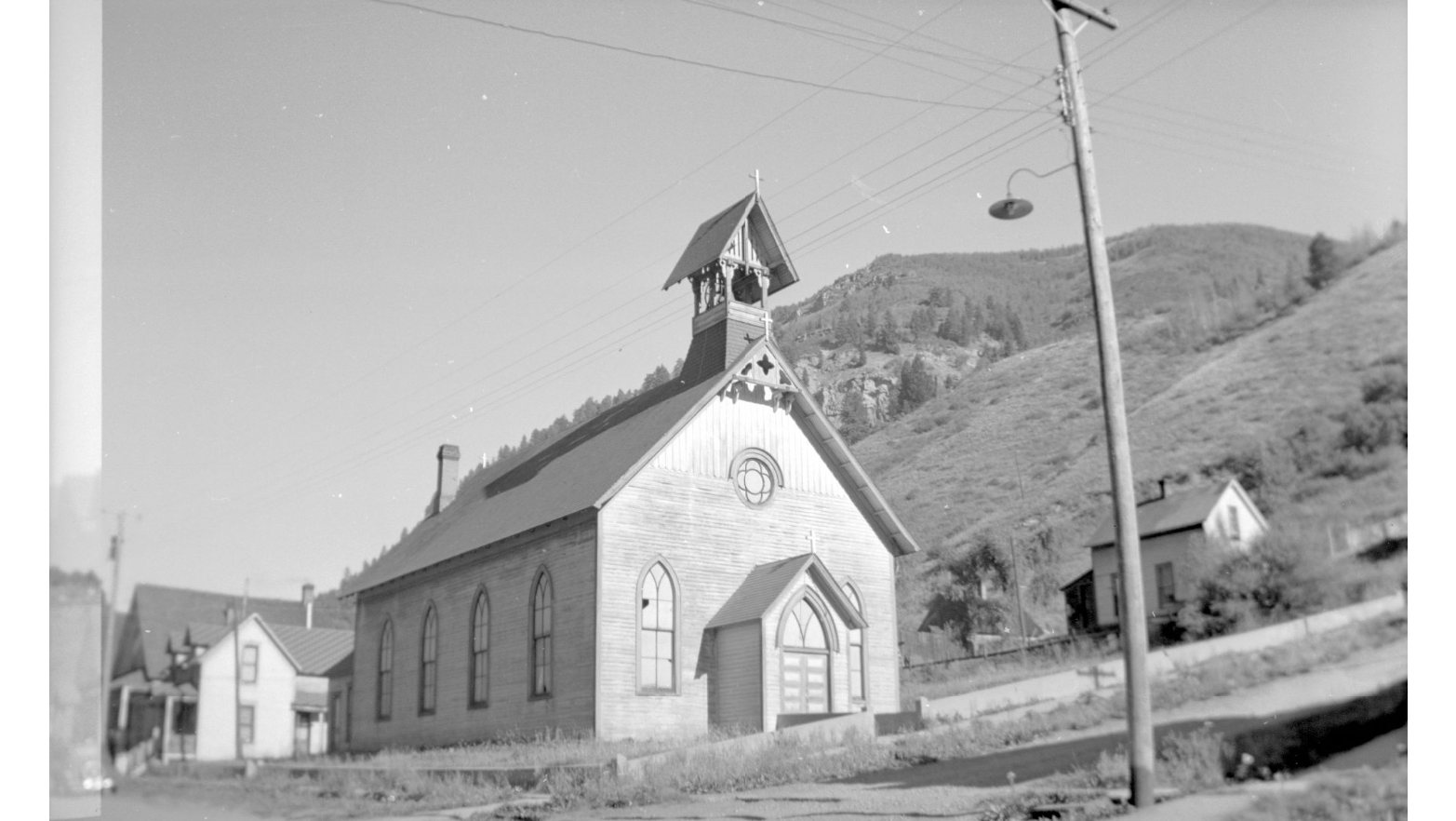 View northwest towards exterior of St. Patrick's Catholic Church at corner of Galena Avenue and North Spruce Street, Telluride, Colorado